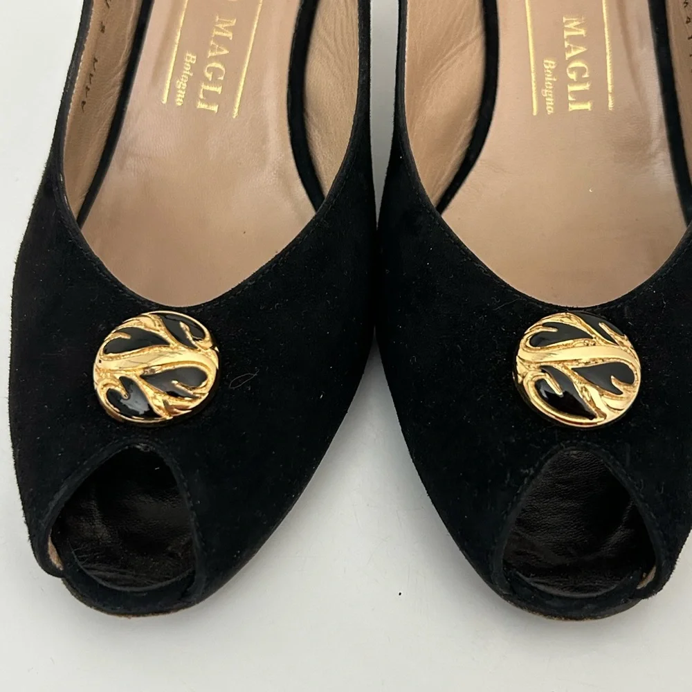 Bruno Magli Suede Peep Toe Slingback Heels Black Size 8 AAAA Extra Narrow